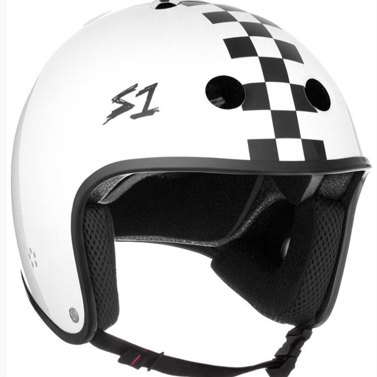 S-One Retro White Gloss White and Black Checkers Helmet — TryFitCore